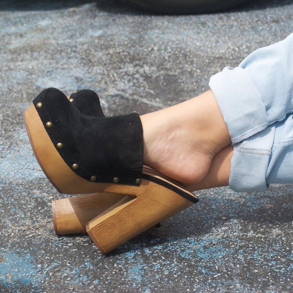 MEGA-High Black Suede-Wooden Clog Heels
